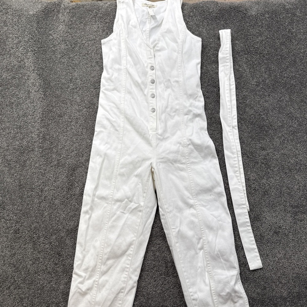 Womens XS Madewell Denim Sleeveless Jumpsuit Tie Waist Belted Jean A0255 White